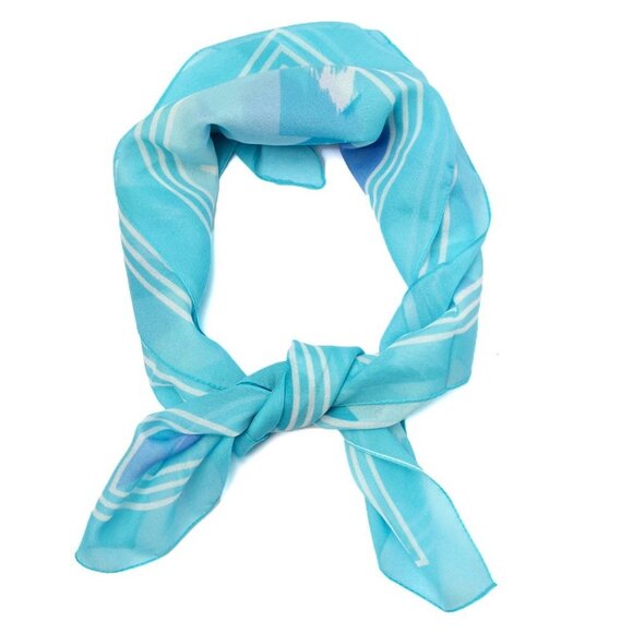 Vintage Abstract Sky Geometric Sheer Scarf Blue Turquoise  Square Neck Hair Tie - Picture 2 of 5